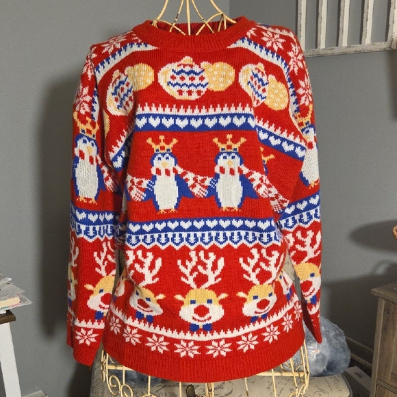 Holiday Cheer Red Sweater with Reindeer and Penguin Design - Picture 1 of 11